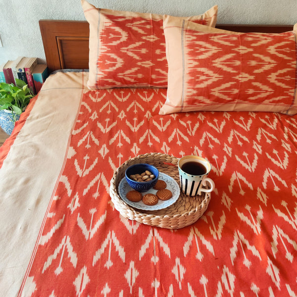 EKTA - Pure Cotton Hand Woven Shades Of Brick Orange With Cream Plant Weaves Double Bedsheet