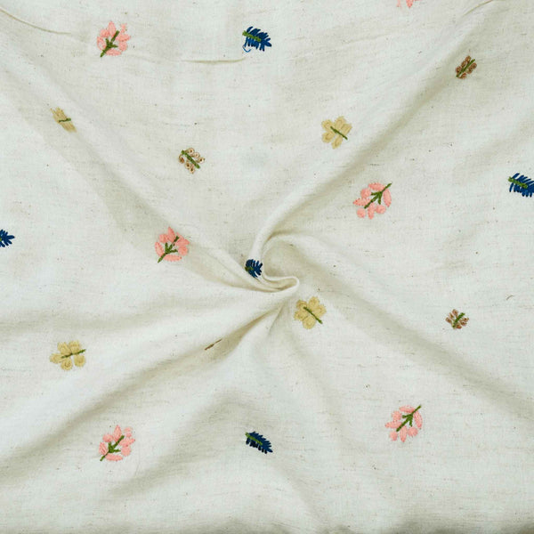 Flex Cotton Cream With Pink Blue Yellow Leaves Embroiedered Fabric