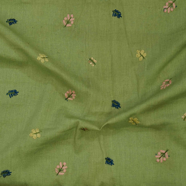 Flex Cotton Green With Pink Blue Leaves Embroiedered Fabri