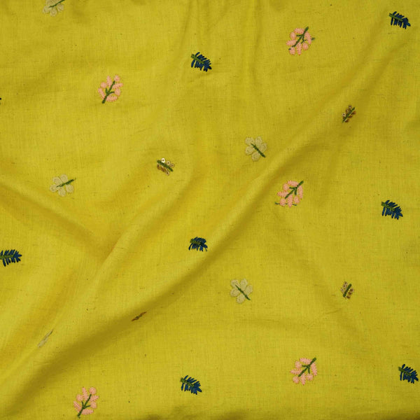 Flex Cotton Yellow With Pink Blue Leaves Embroiedered Fabric