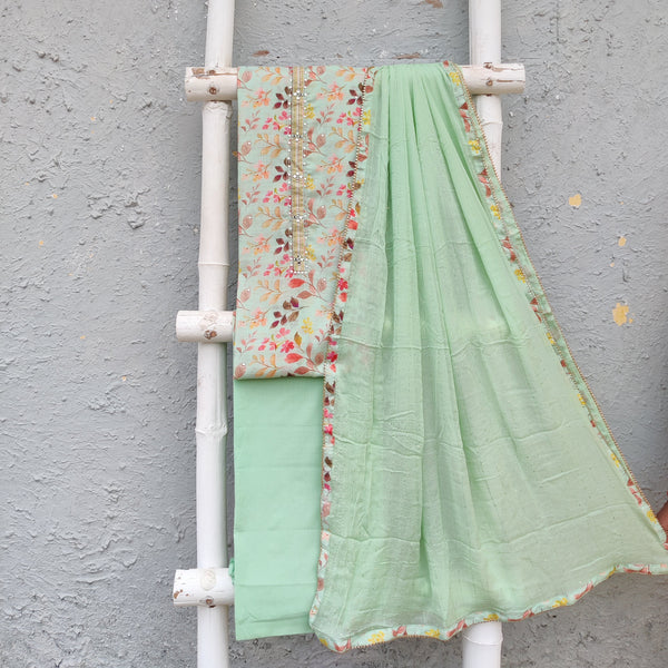 GEET - Cotton Silk Digitally Printed Top Fabric With Plain Cotton Green Bottom And A Chiffon Sequence Dupatta