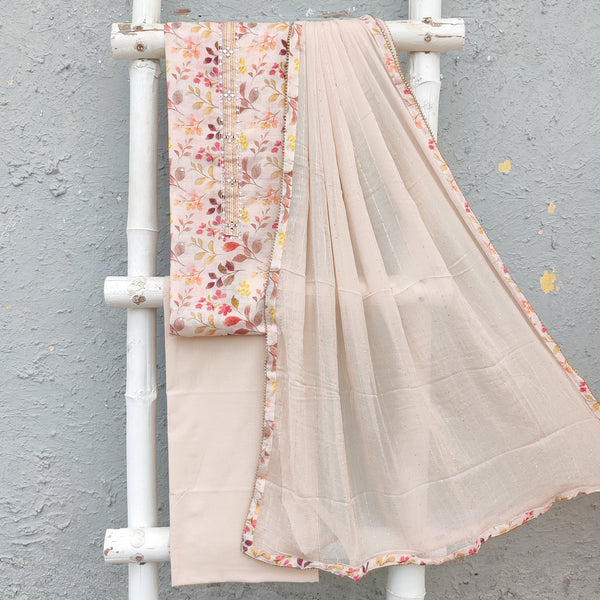 GEET - Cotton Silk Digitally Printed Top Fabric With Plain Cotton Green Bottom And A Chiffon Sequence Dupatta Cream