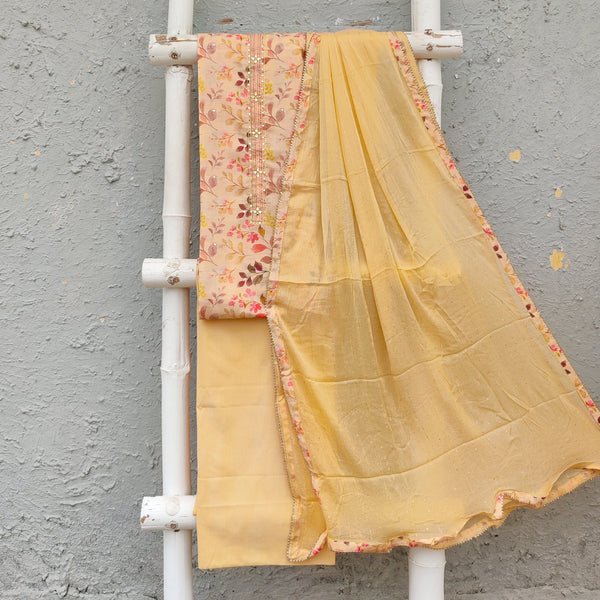 GEET - Cotton Silk Digitally Printed Top Fabric With Plain Cotton Green Bottom And A Chiffon Sequence Dupatta Pastel Mango