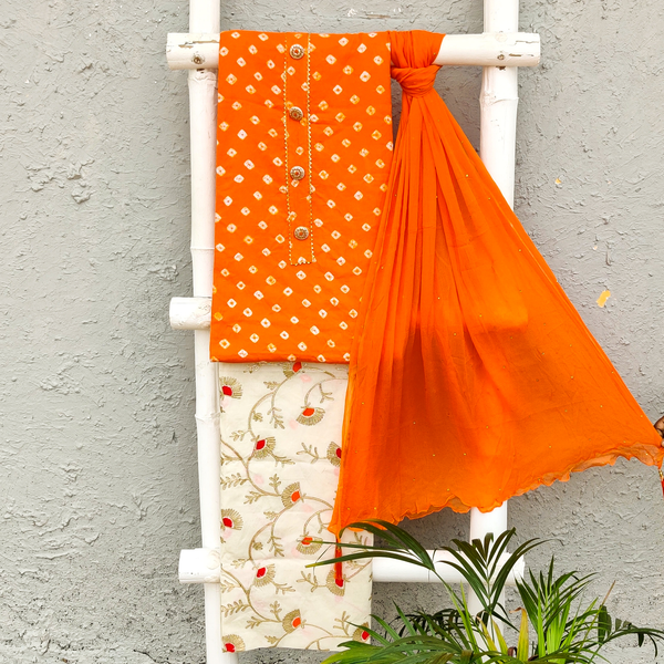 GENDA PHOOL - Marrigold Orange Pure Cotton Bandhani With Gota Embroidery Bottom And A Chiffon Dupatta