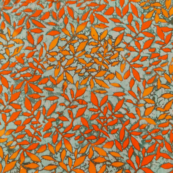 Glazed Cotton Light Grey With Orange Leaves Jaal Screen Print Blouse Fabric ( 1 Meter )