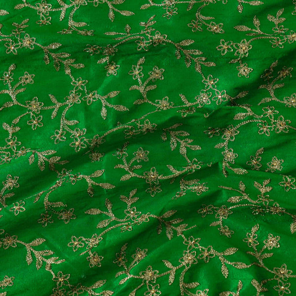 Green Slub Silk Cotton With Gold Zari Jaal Embroidered Fabric