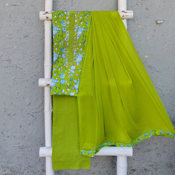 HARINI - Pure Cotton Screenprinted Top With Embroidered Yoke Patti With Light Green Bottom And A Chiffon Dupatta