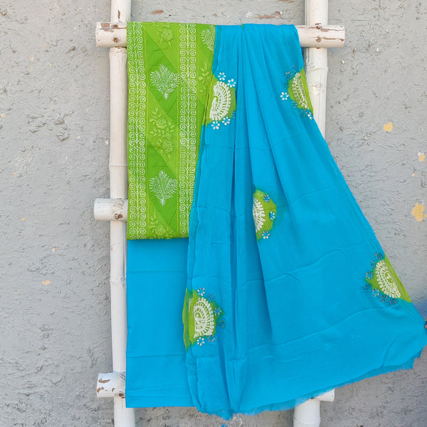 HEERA - Pure Cotton Light Green Embroidered And Printed Top Fabric With Light Blue Bottom With Chiffon Dupatta