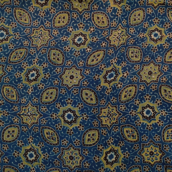 Modal Silk Persian Blue With Green Tile Hand Block Print Fabric