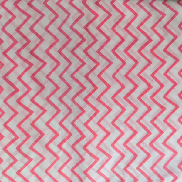 Pure Cotton Screen Print White With Pink ZigZag Hand Block Print Fabric