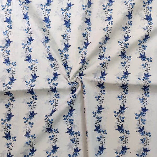 Pure Cotton Screen Print White With Shades of Blue Creeper Border Hand Block Print Fabric