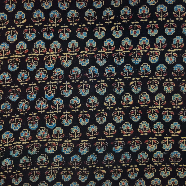 Pure Cotton Black With Tiny Rust Blue Flowers Hand Block Print Fabric