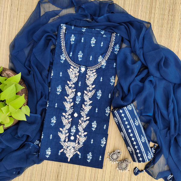 INAAYA - Pure Cotton Blue Printed Top With Moti Embroidered Neck With Printed Bottom And A Plain Chiffon Dupatta