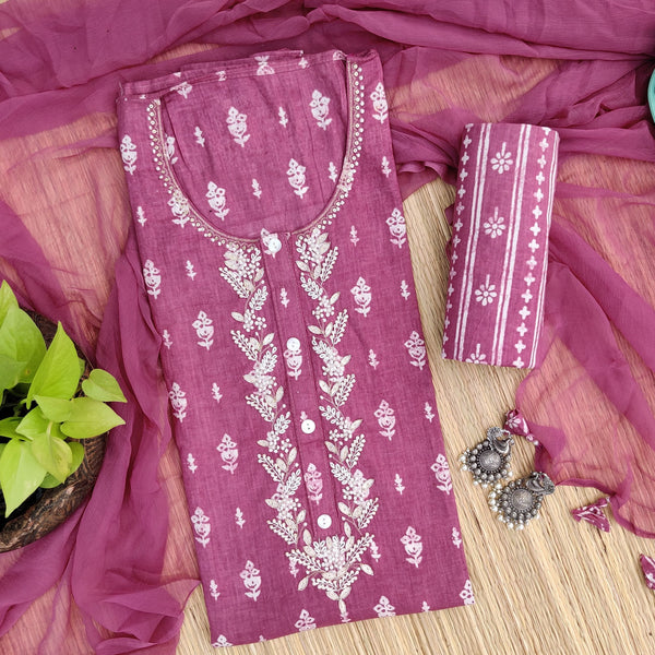 INAAYA - Pure Cotton Printed Top With Moti Embroidered Neck With Printed Bottom And A Plain Chiffon Dupatta