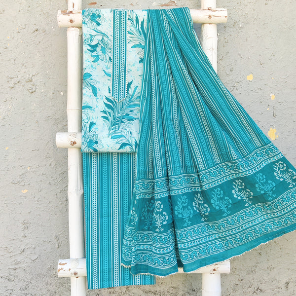 INDIRA - Pure Cotton Screen Printed Top Fabric With Pure Cotton Stripes Bottom And A Printed Cotton Dupatta