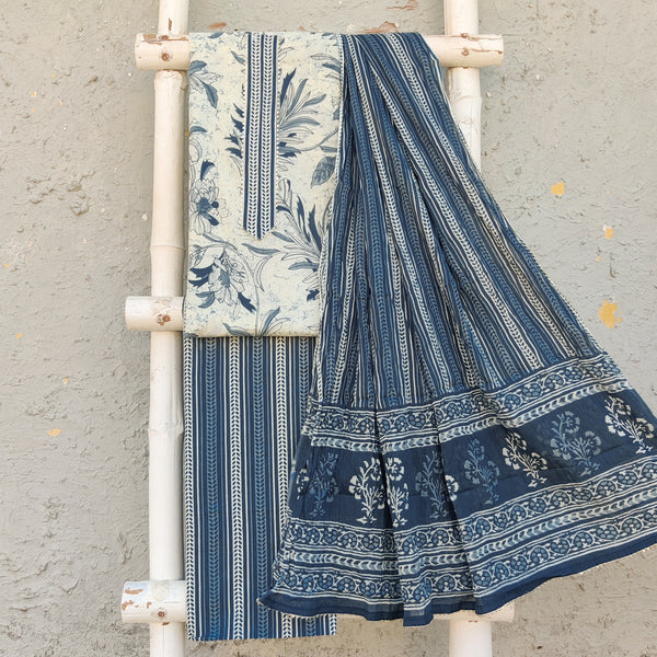 INDIRA - Pure Cotton Screen Printed Top Fabric With Pure Cotton Stripes Bottom And A Printed Cotton Dupatta Grey