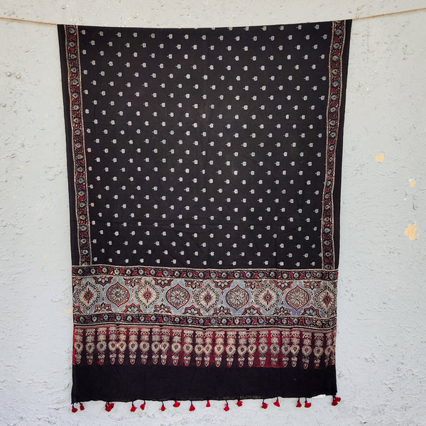 IRA - Pure Cotton Black Ajrak With Blue Lotus Hand Block Printed Dupatta