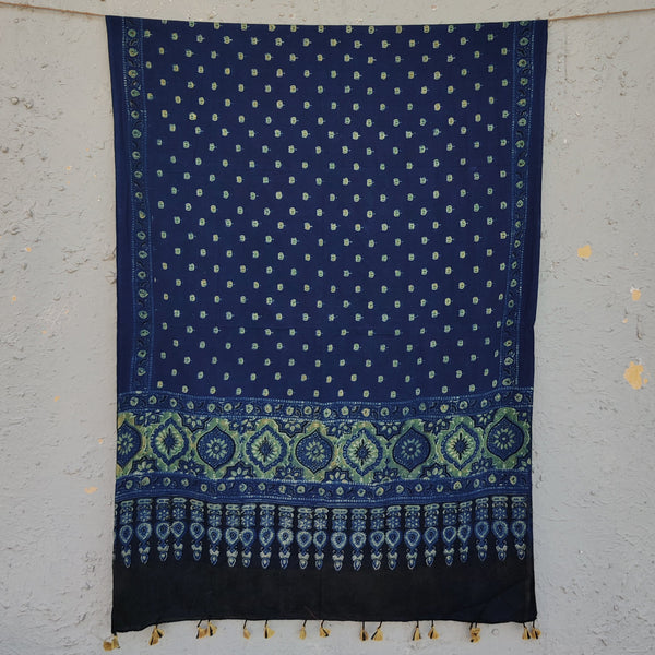 IRA - Pure Cotton Blue Ajrak With Green Lotus Hand Block Printed Dupatta