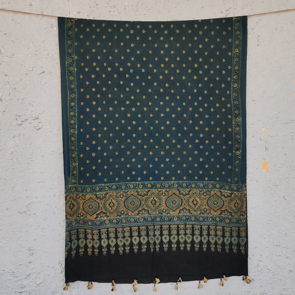 IRA - Pure Cotton Blue Green Ajrak With Green Lotus Hand Block Printed Dupatta