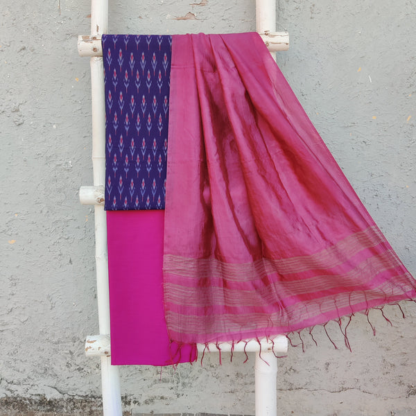 IRA -Pure Cotton Mercerised Ikkat Top With Plain Bottom And A Flowy Tussar Satin Dupatta Blue