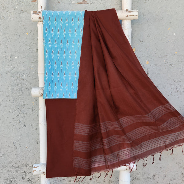 IRA -Pure Cotton Mercerised Ikkat Top With Plain Bottom And A Flowy Tussar Satin Dupatta Light Blue