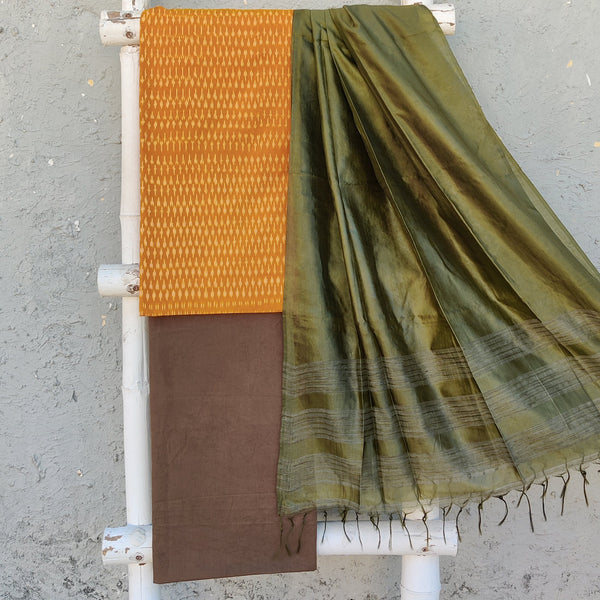 IRA -Pure Cotton Mercerised Ikkat Top With Plain Bottom And A Flowy Tussar Satin Dupatta Mustard