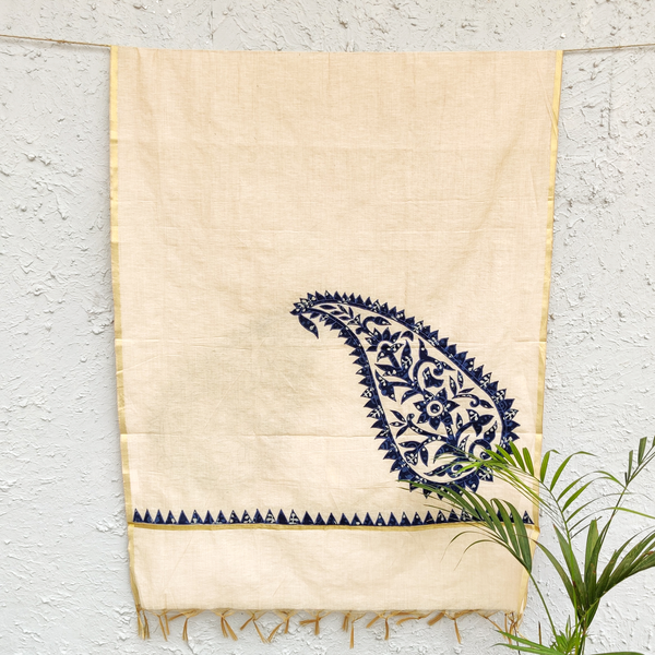 ISHI - Chanderi Dupatta With Applique Indigo Embroiedered Kairi