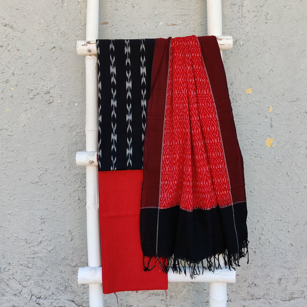 ITS ALL IKKAT - Pure Cotton Handwoven Black Ikkat Top With Red Bottom And A Fine Weaved Mercerised Ikkat Dupatta