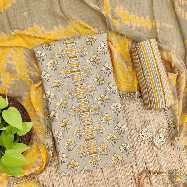 KAIRA - Pastel Grey Muslin Top With Classy Embroidery With Stripes Bottom And Chiffon Dupatta