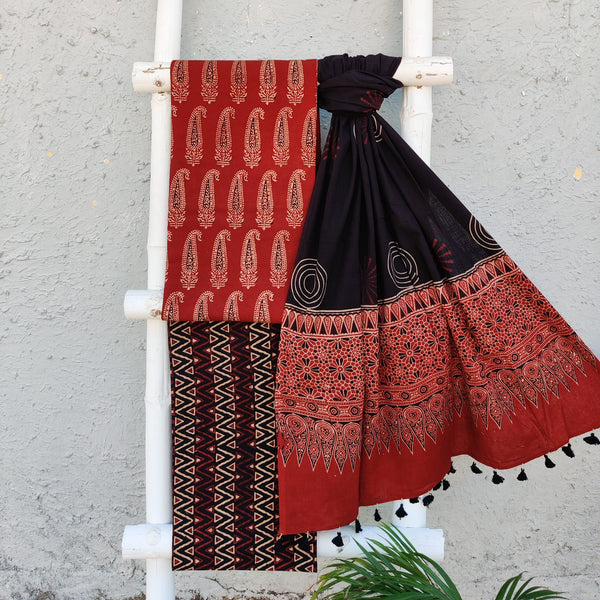 KAIRA - Pure Cotton Ajrak Madder Long Kairi Top With Tribal Zig Zag Pant Fabric And A Pure Cotton Tassle Dupatta