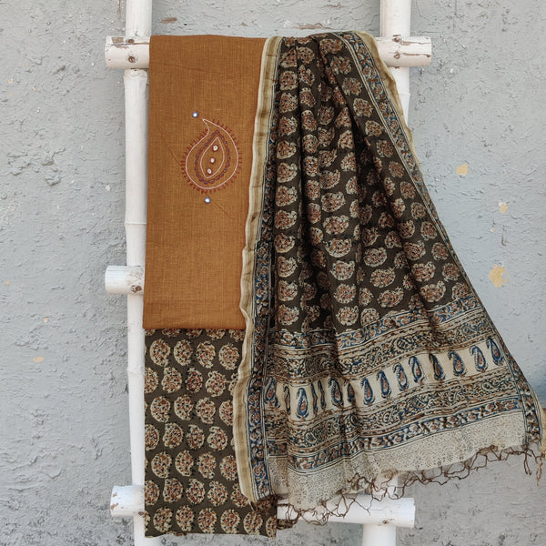 KAIRI - Pure Handloom Cotton Top With Hand Embroidered Kairi Motif Pure Cotton Kalamkari Bottom And A matching Chanderi Kalamkari Duppatta Mustard