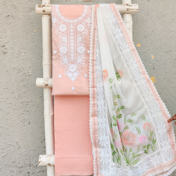 KAMANA - Kota Embroidered Pastel Peach Top With Plain Cotton Bottom And A Hand Painted Chiffon Dupatta