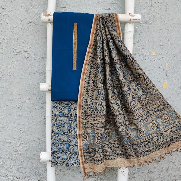 KARIGARI - Pure Cotton Blue Handloom Top Fabric With Kalamkari Cotton Bottom And A Matching Chanderi Duptta