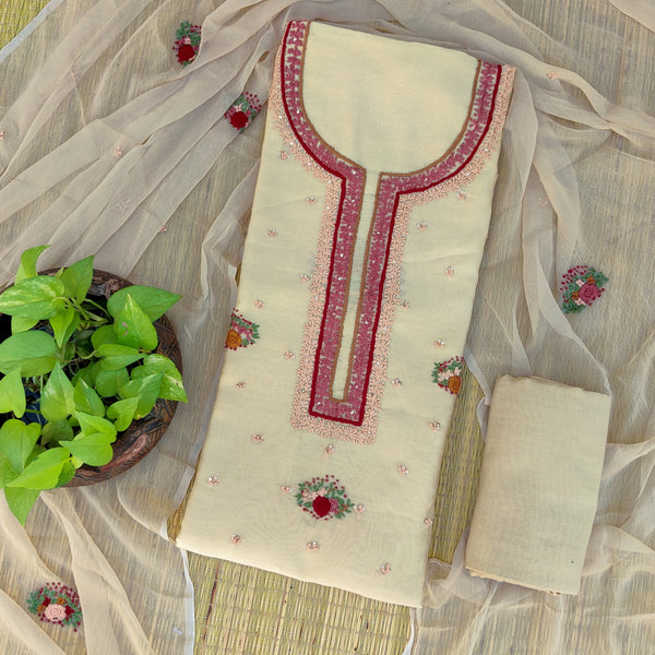 KASHMIR KI KALI - Beige Cotton Silk Top With Kashmiri Embroidery With Plain Bottom And A Chiffon Dupatta