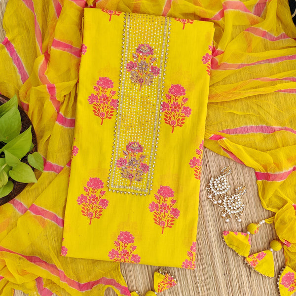 KAVYA- Beautiful Yellow Embroidered Kurta Patti Chiffon Dupatt Suit Piece