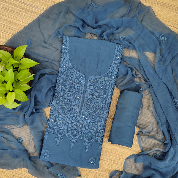 KAVYA -Pure Cotton Grey Blue Top Fabric With Lucknowi Hand Embroidery  With Self Bottom And A Chiffon Dupatta