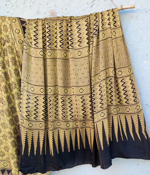 KHWABEEDA - Modal Silk Ajrak Hand Block Print Saree Gajji Sandy Brown