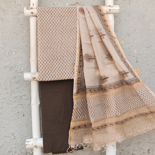 KOTA - Pure Cotton Simple Block Printed Small Motifs Top With Brown Plain Bottom And A Kota Block Printed Dupatta