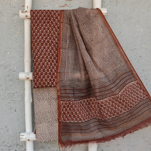 KOTA - Pure Cotton Simple Rust Bagru Block Printed Top With Cream Hand Block Printed Bottom And A Kota Block Printed Dupatta