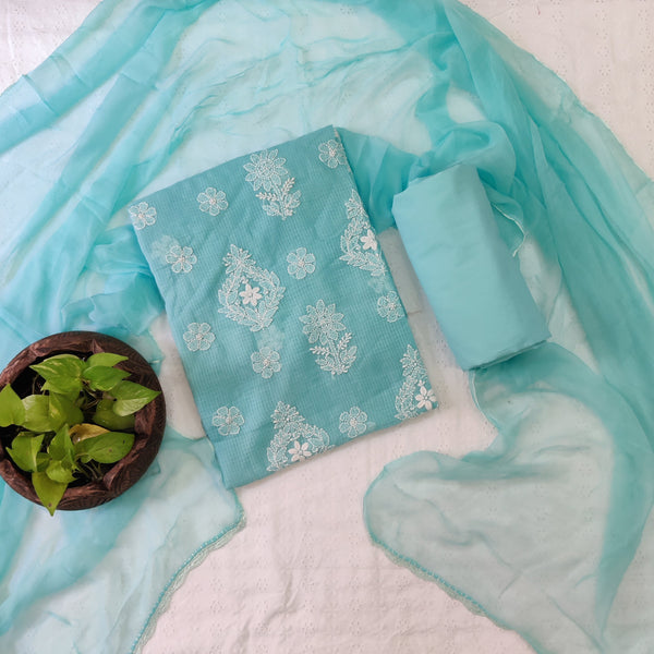 KOTA LUCKNOW - Pure Cotton Soft Kota With Luckowi Hand Embroidery Plain Bottom And A Chiffon Dupatta Suit Set Blue