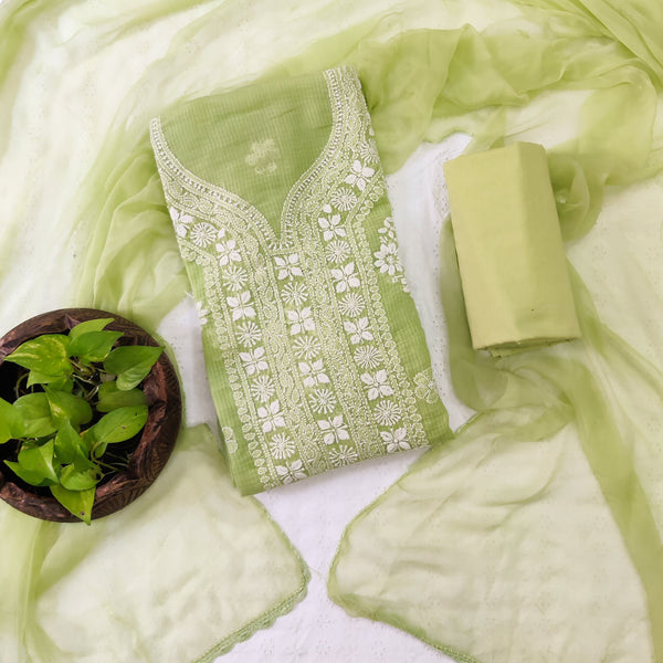 KOTA LUCKNOW - Pure Cotton Soft Kota With Luckowi Hand Embroidery Plain Bottom And A Chiffon Dupatta Suit Set Green