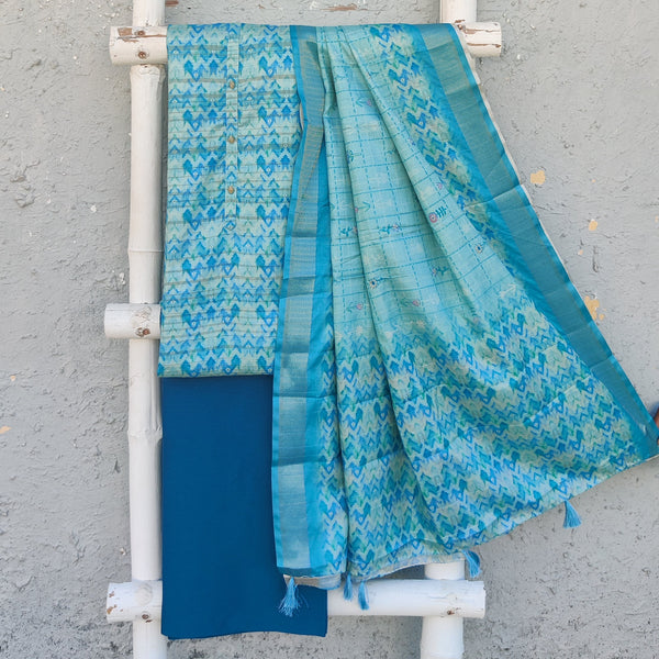 KRITI - Beautiful Digitally Printed Cotton Silk Blue With A Plain Bottom And A Printed Dupatta