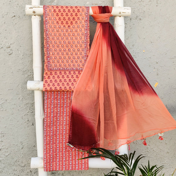 KRITIKA - Pure Cotton Peach Top With Embellished Yoke With Stripes Bottom And A Shaded Chiffon Dupatta