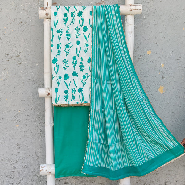 KUNTI - Pure Cotton Screen Printed Top Fabric With Cotton Silk Teal Bottom And A Cotton Printed Dupatta