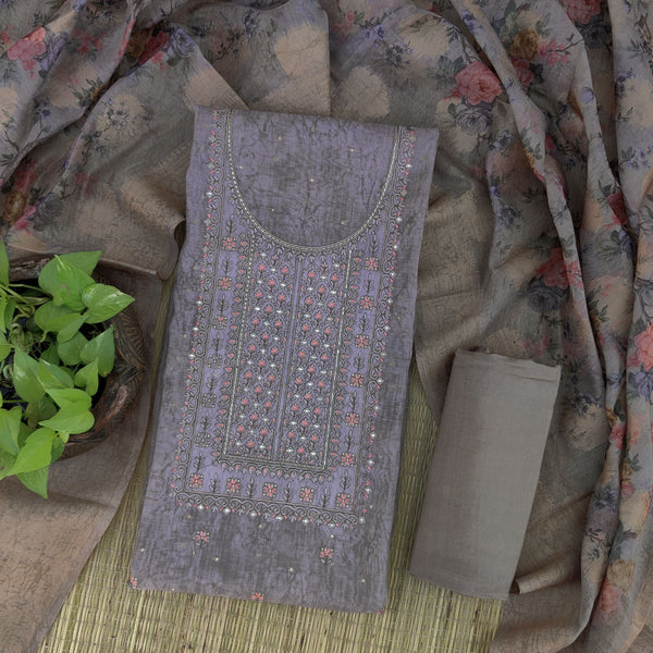 KUSHI - Light Grey Cotton Silk With Beautiful Yoke Embroidery With A Rayon Bottom And A Digitally Printed Dupatta