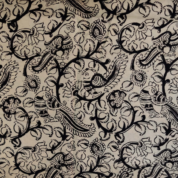 Precut 1.5 Meter Kalamkari Modal Silk Cream With Peacock On A Tree Hand Block Print Fabric