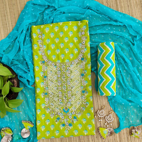 LARA - Pure Cotton Green Embroidered  Yoke Top Fabric With Printed Zig Zag Bottom And A Chiffon Bandhani Dupatta