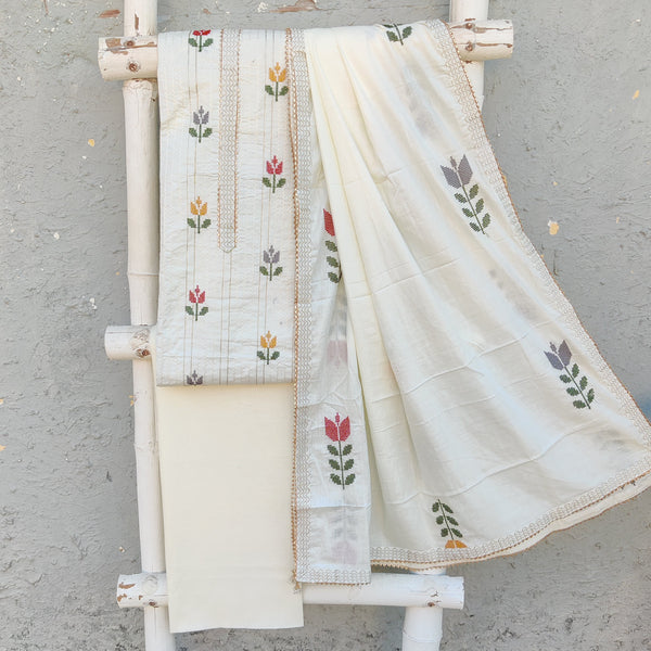 LAZULI - Pure Cotton Cream Cross Stitch Tulips Top Fabric With Cream Plain Bottom And A Pure Cotton Cream Dupatta