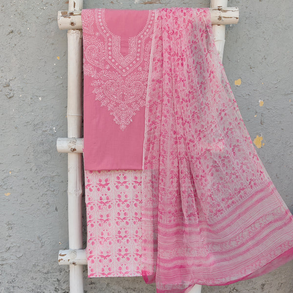 LUCKNOW BEGUM - Pure Cotton Top With Beautiful Lucknowi Hand Embroidery With Jaipuri BottomAnd A Jaipuri Chiffon Dupatta Pink