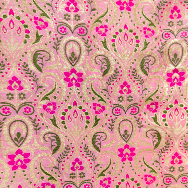 Light Pink Brocade With Pink And Green Weaves Blouse Fabric ( 1 Meter )